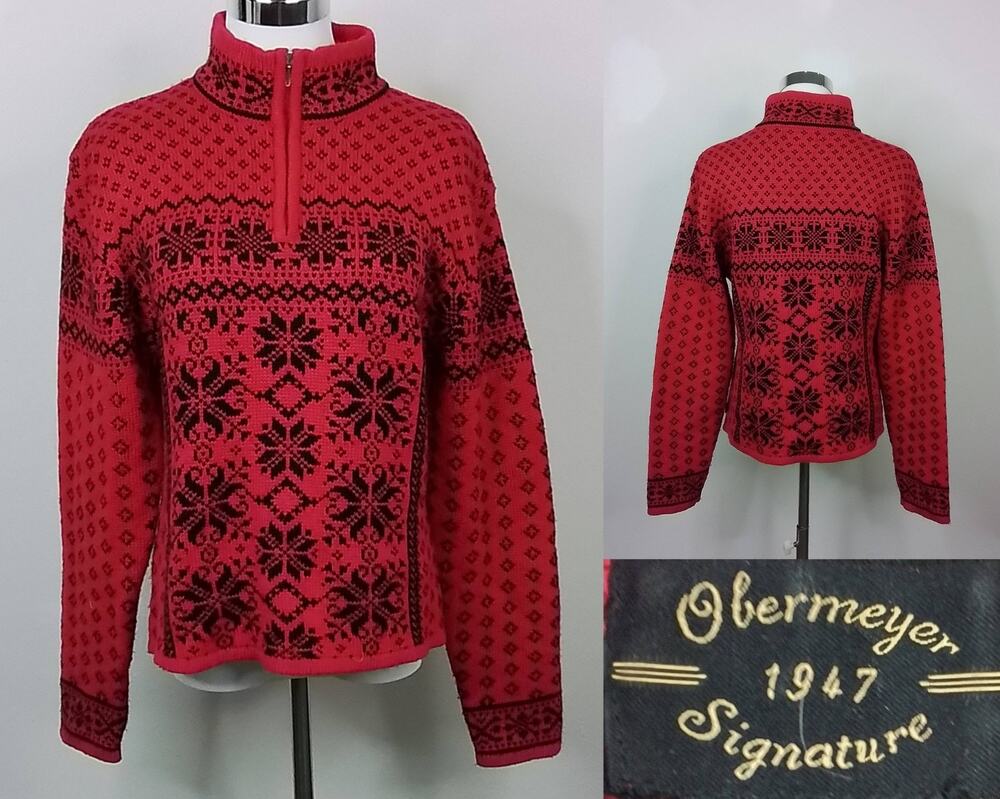 Obermeyer Fair Isle Ski Sweater Women's XL Vintage 1990's Red 1/4 Zip #J2987